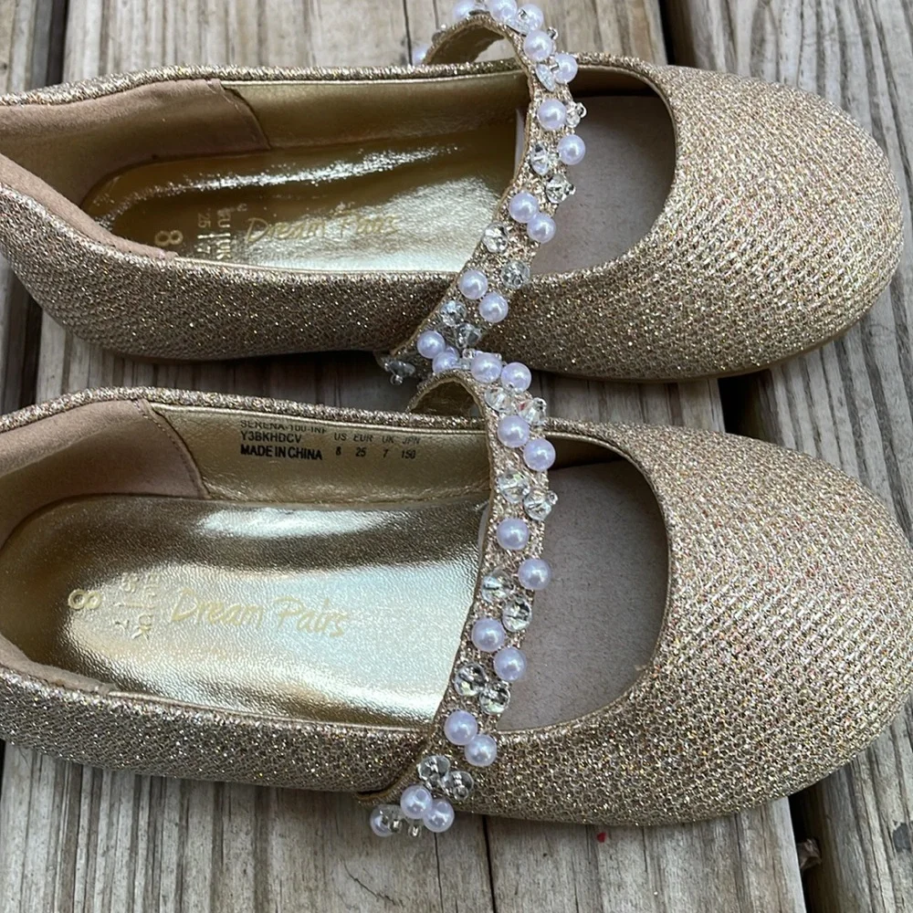 Dream Pairs Serena Girls Gold Glitter Pearl Mary Jane Dress Shoes Size 8